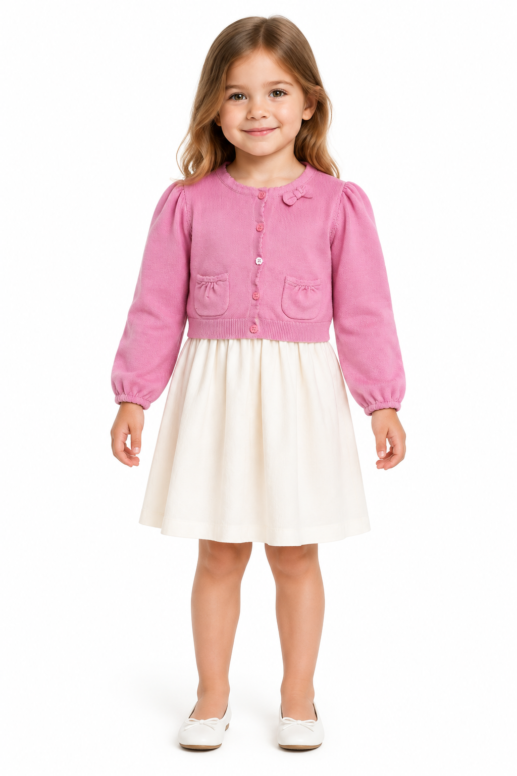 AI-generated model wearing the pink cardigan over an ivory dress