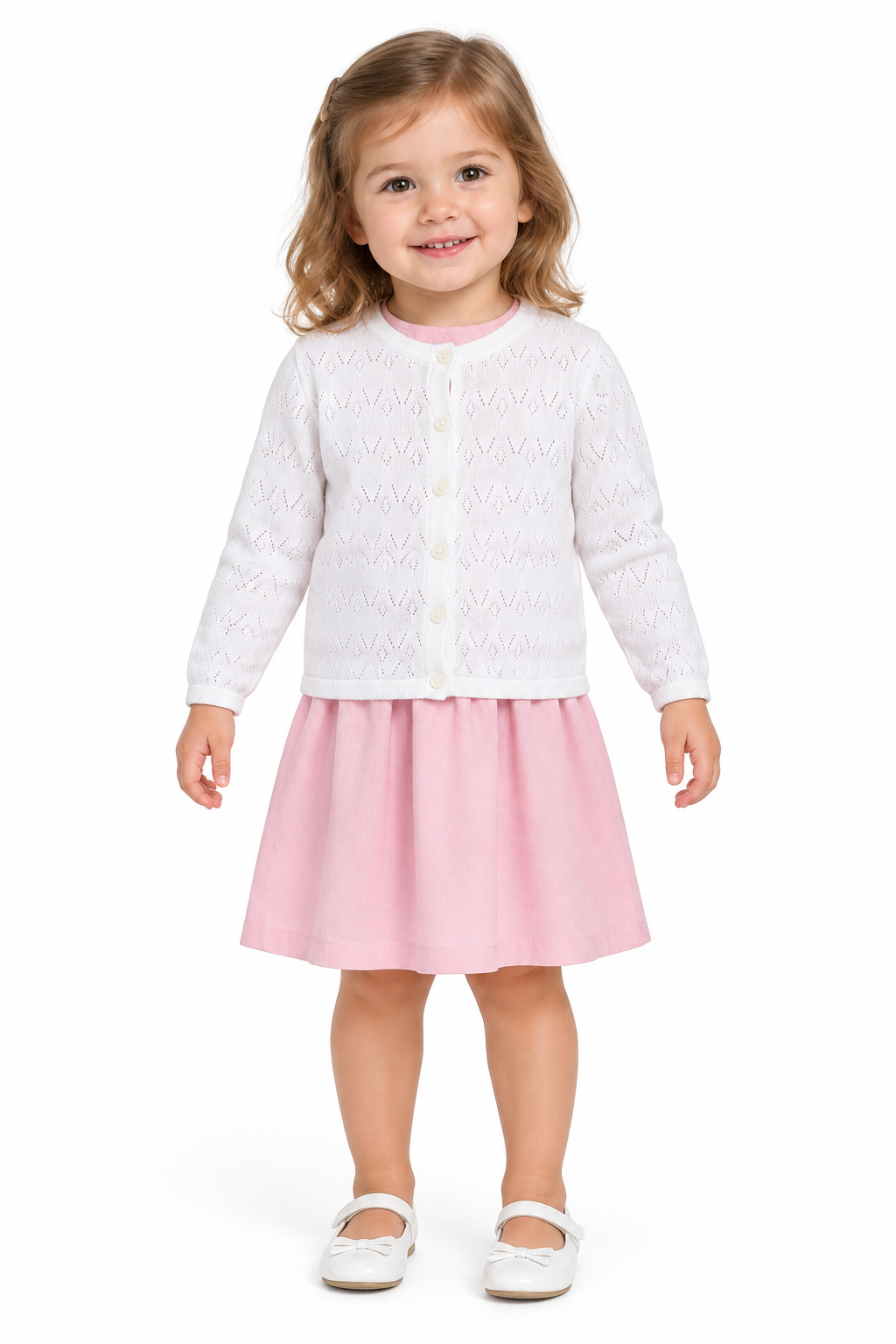 AI-generated model wearing the white cardigan over a pink dress
