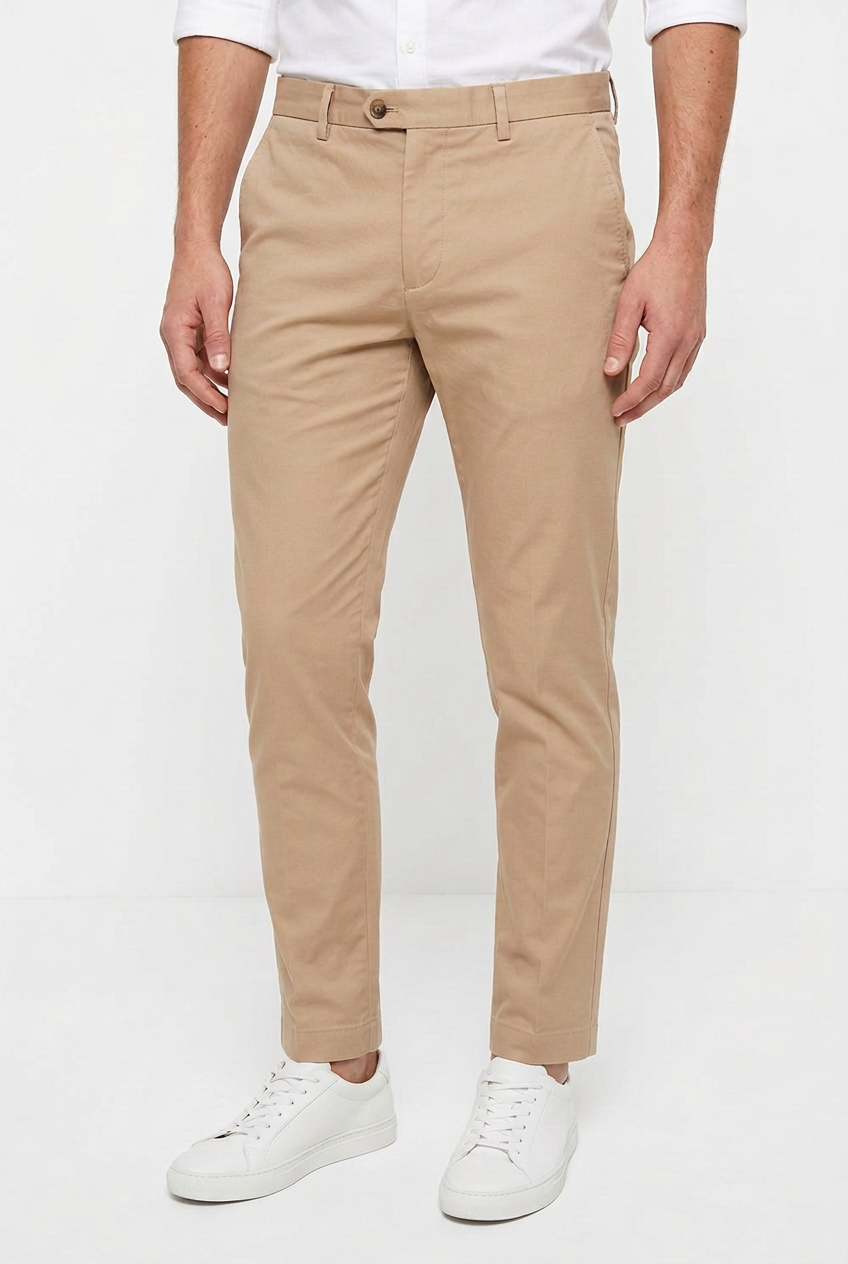 AI model wearing beige chinos with slightly longer-looking legs