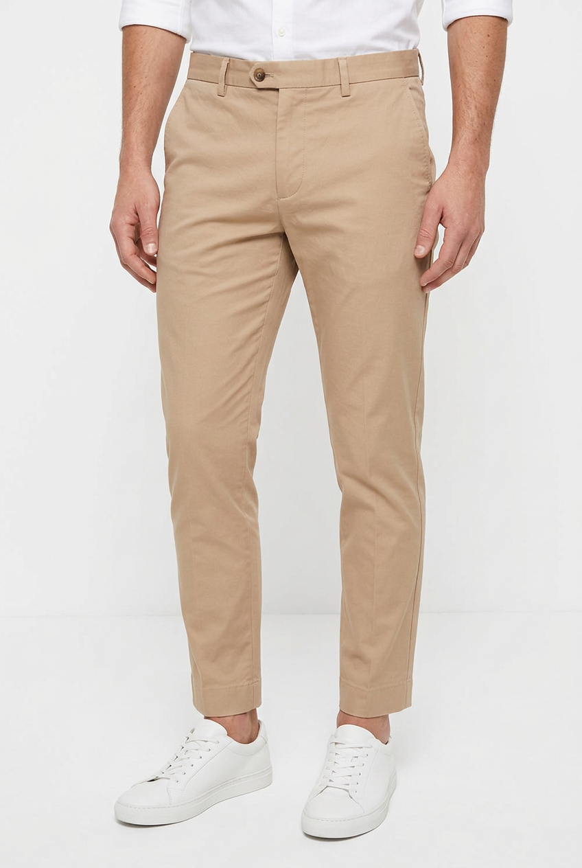 AI model wearing beige Next chinos, framed waist to feet