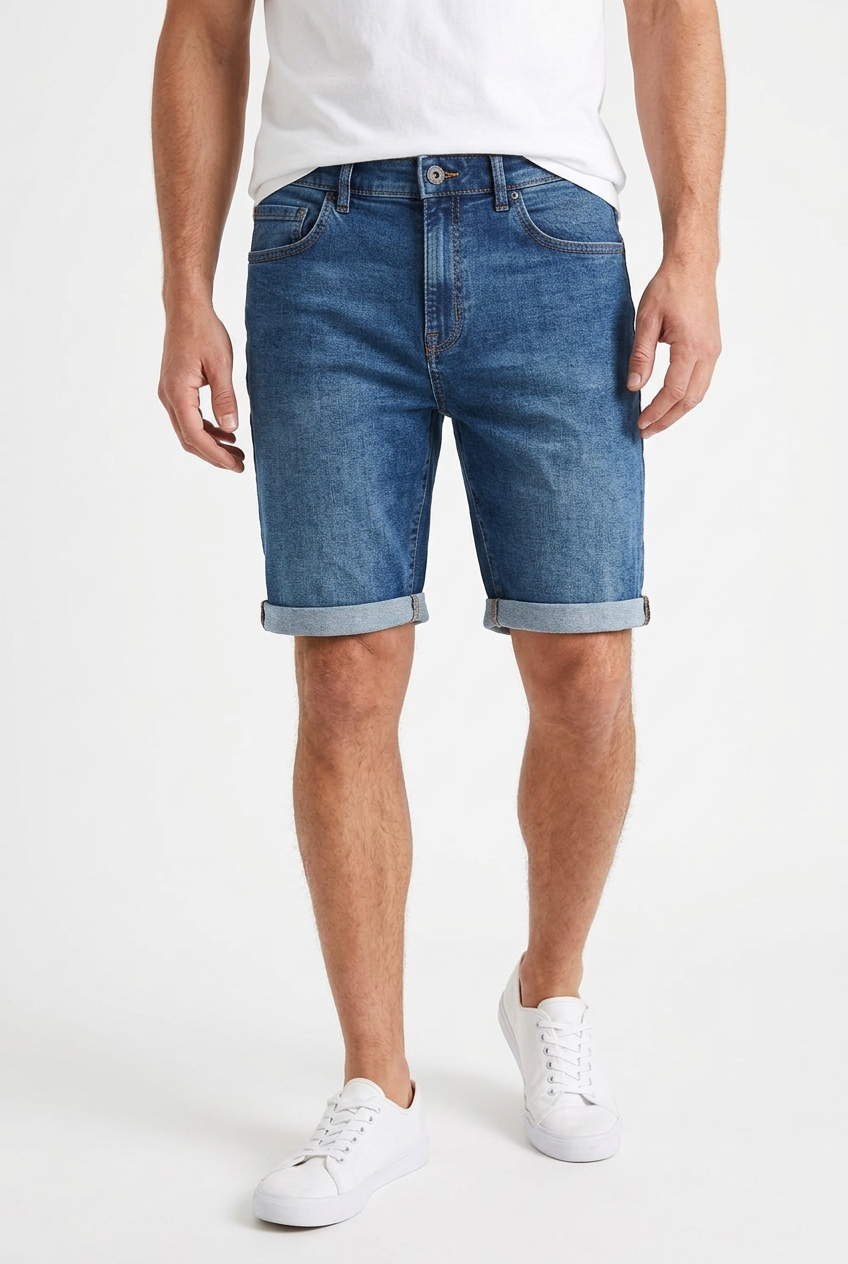 AI model wearing Next blue denim shorts