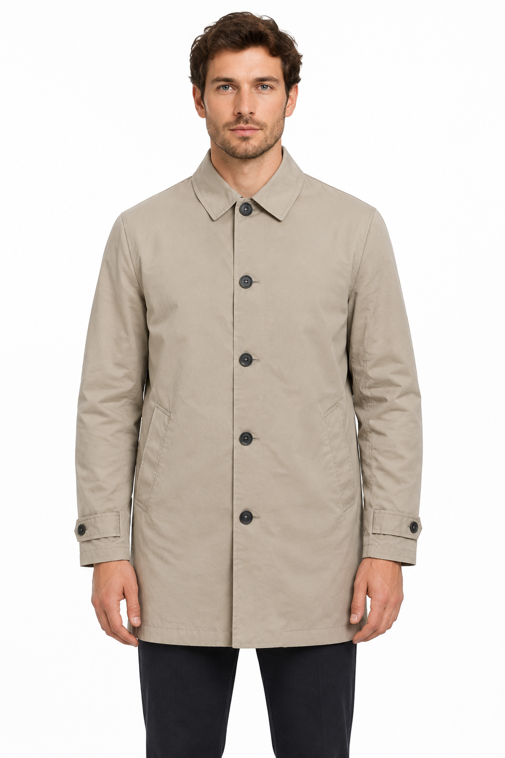 AI model wearing the beige Burton coat