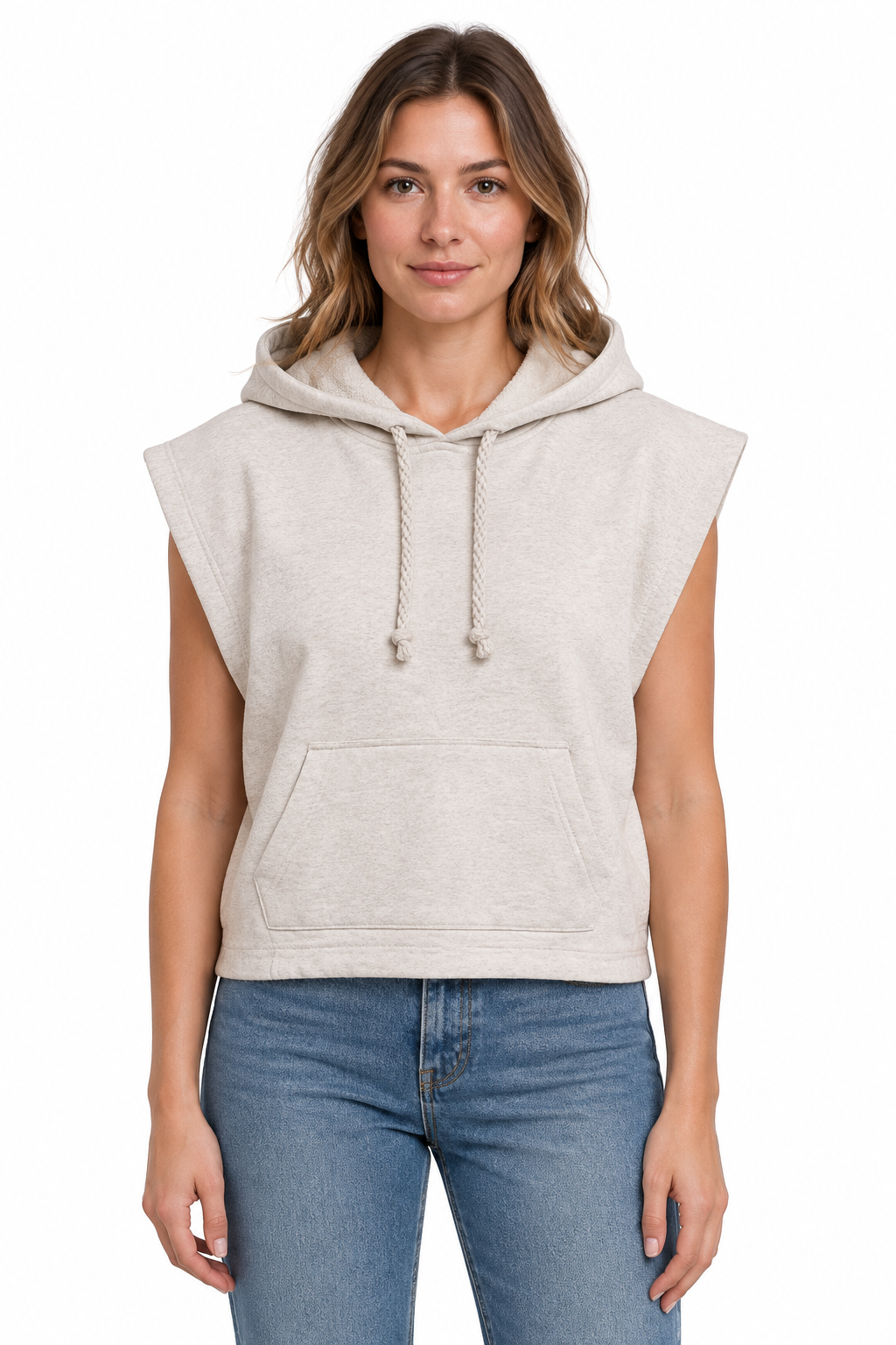 AI model wearing the beige sleeveless hoodie