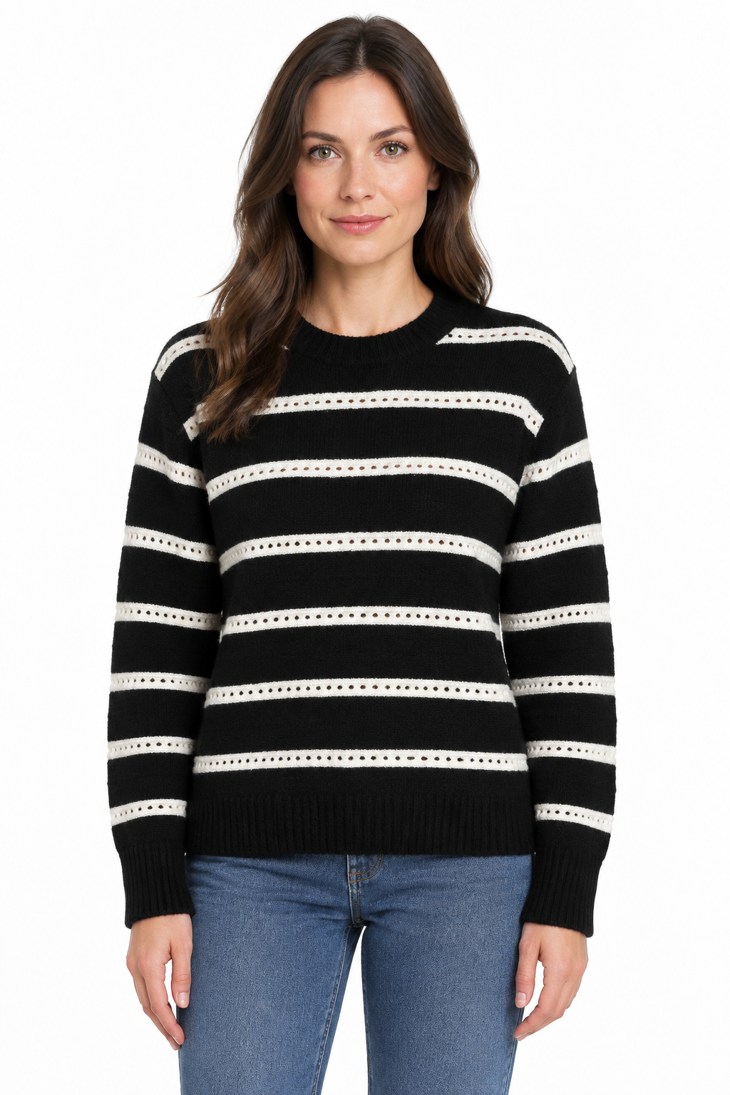 AI model wearing the black-and-cream striped jumper