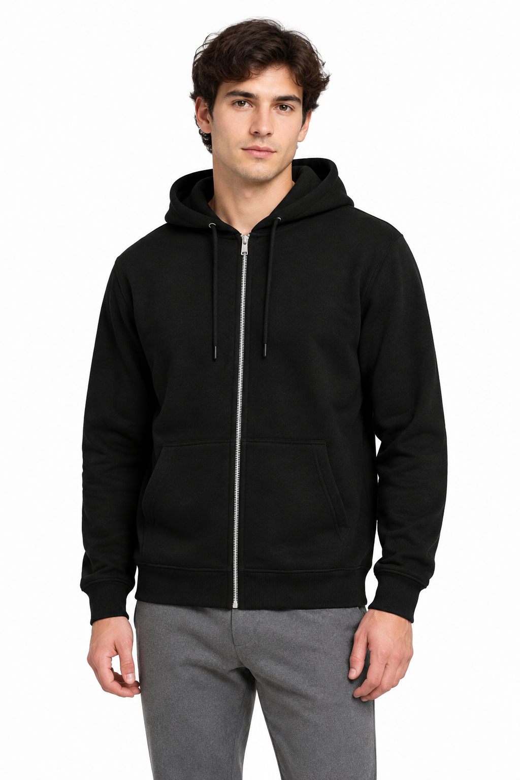 AI model wearing the black hoodie, framed from head to thigh