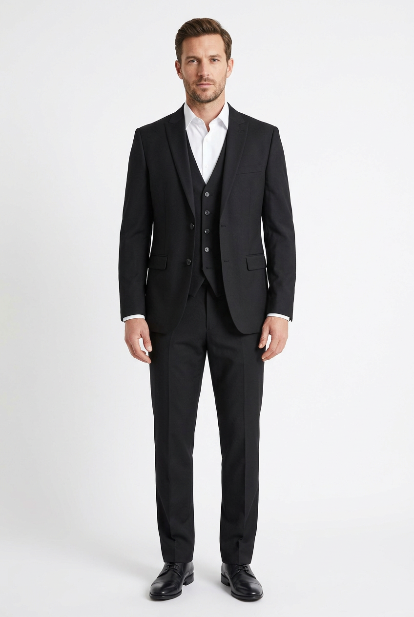 AI model wearing the black Next three-piece suit