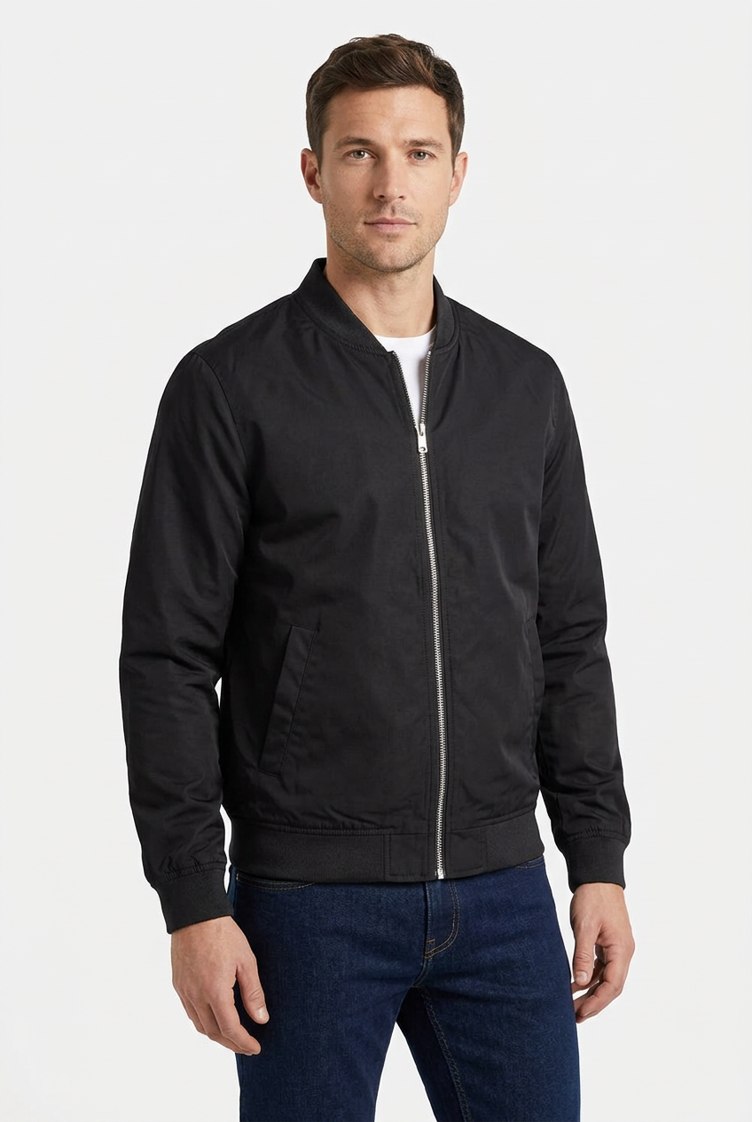 AI model wearing the black Primark bomber jacket