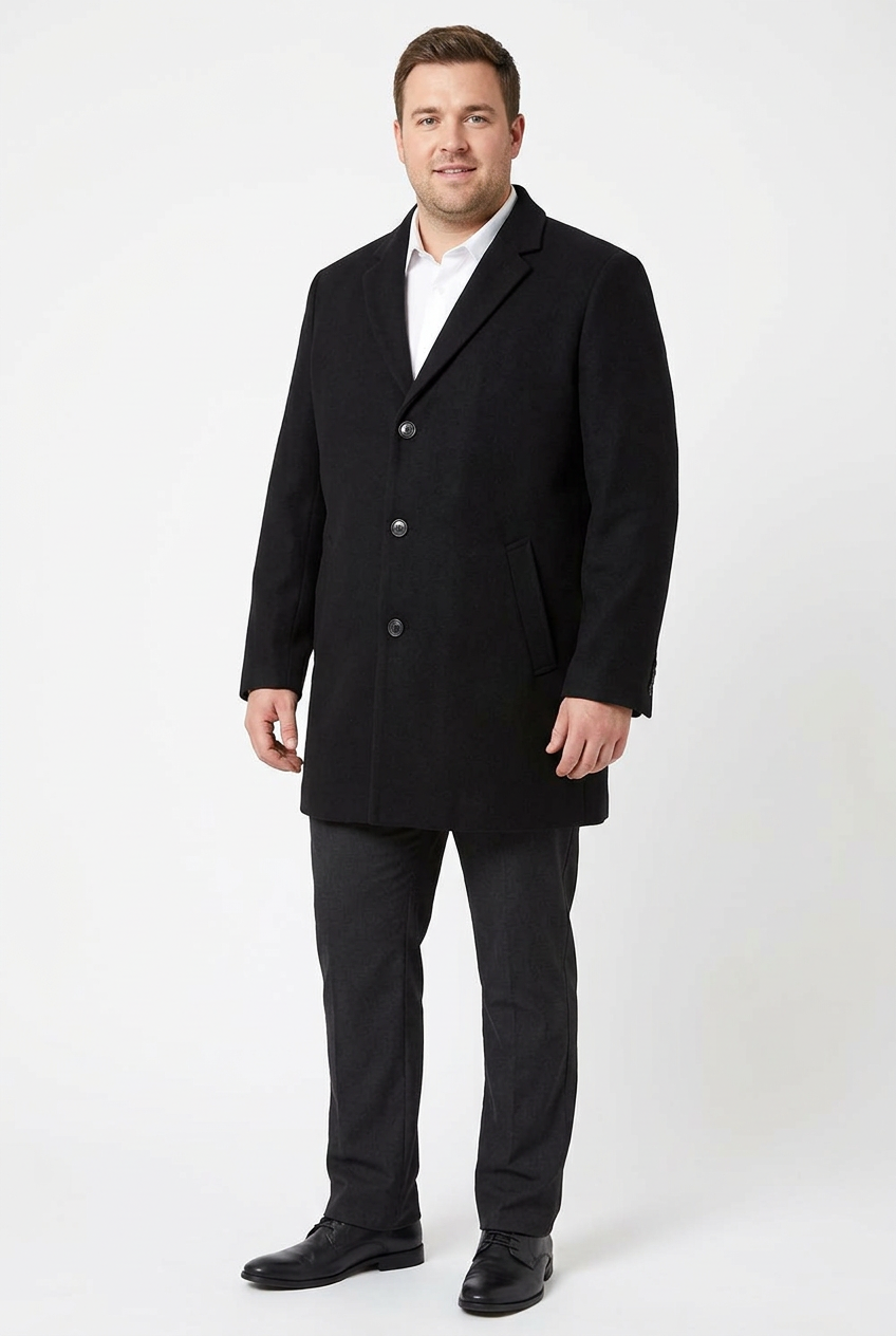 AI model wearing the black Taylor & Wright overcoat