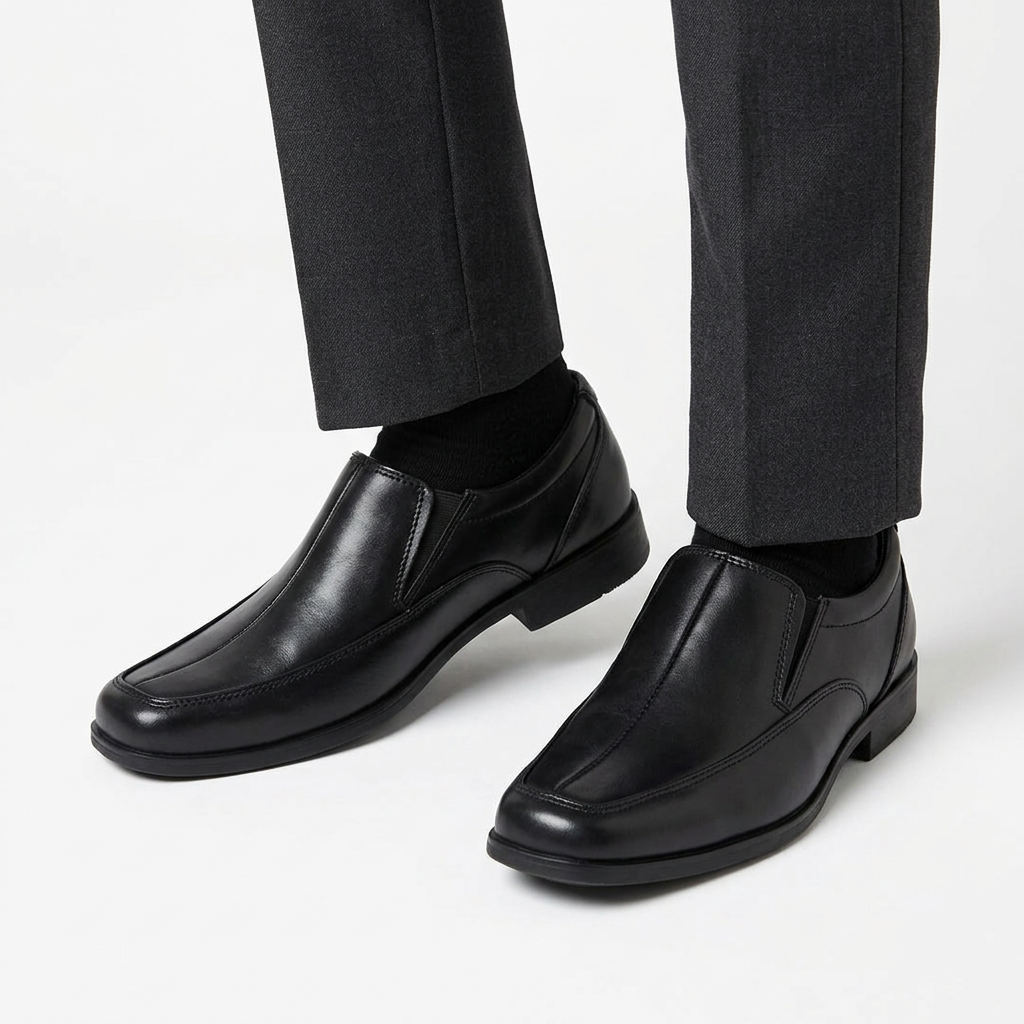 AI model wearing the boys’ black slip-on shoes, cropped calf to feet