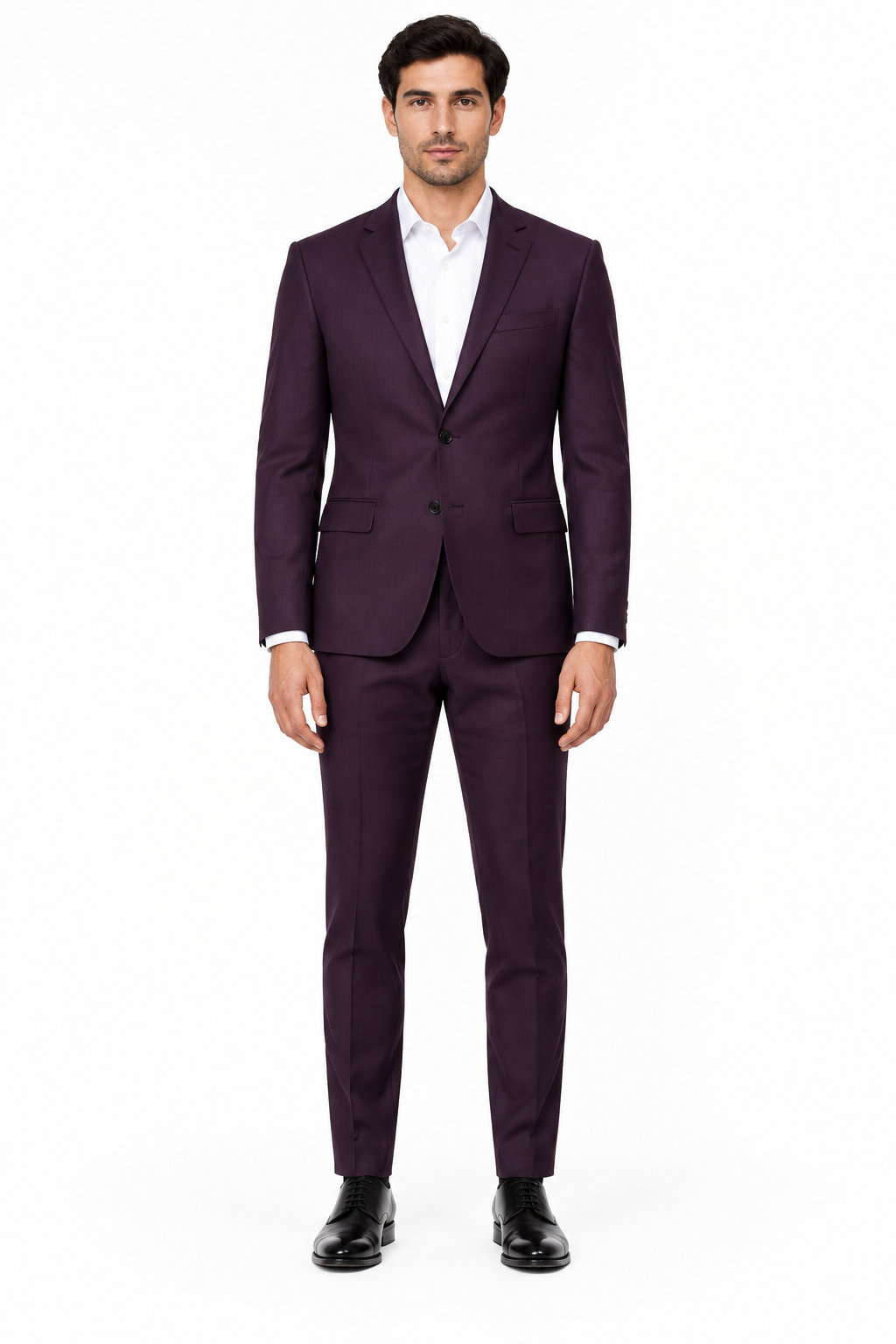 AI model wearing the burgundy two-piece suit