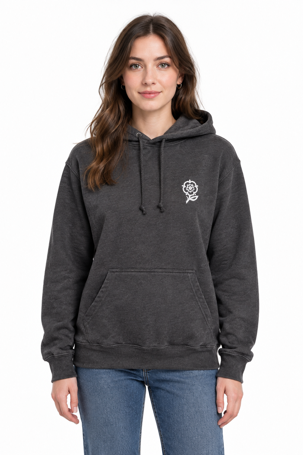 AI model wearing the charcoal grey hoodie