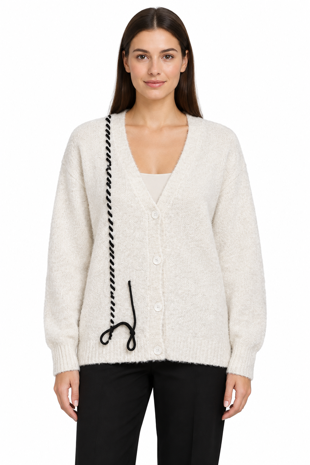 AI model wearing the cream Boohoo cardigan