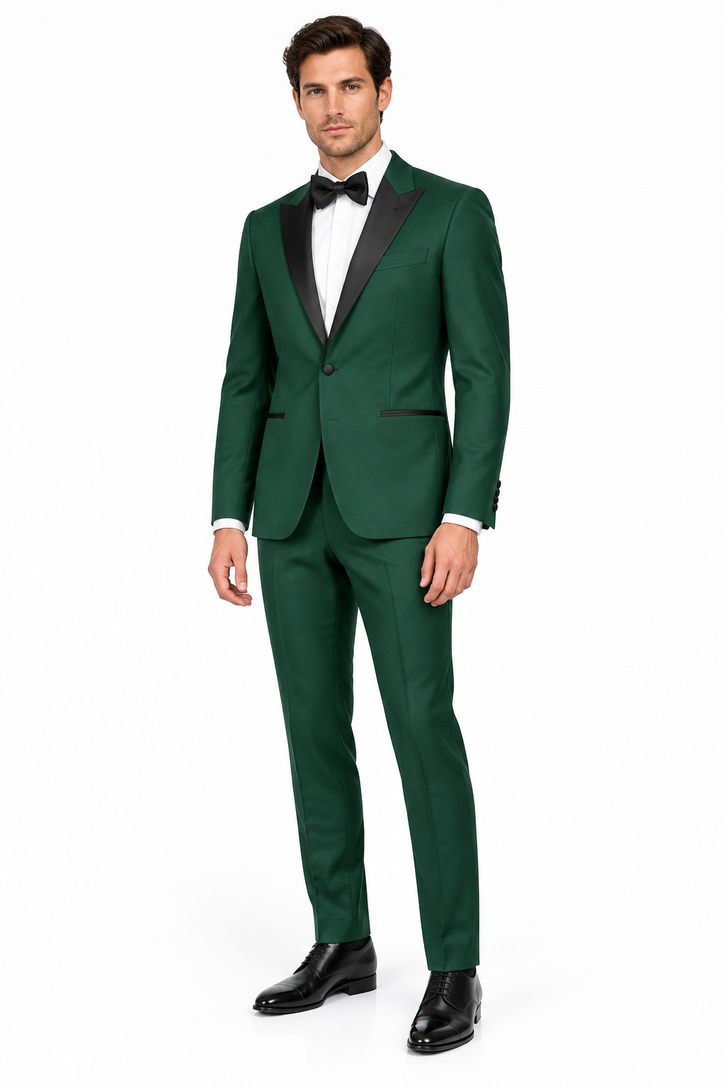 AI model wearing the green M&S dinner suit