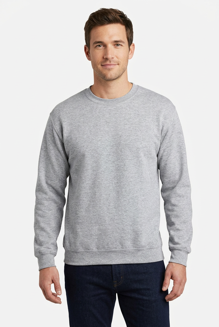 AI model wearing the grey crew-neck sweatshirt