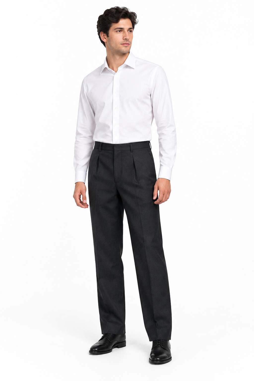 AI model wearing the grey formal trousers