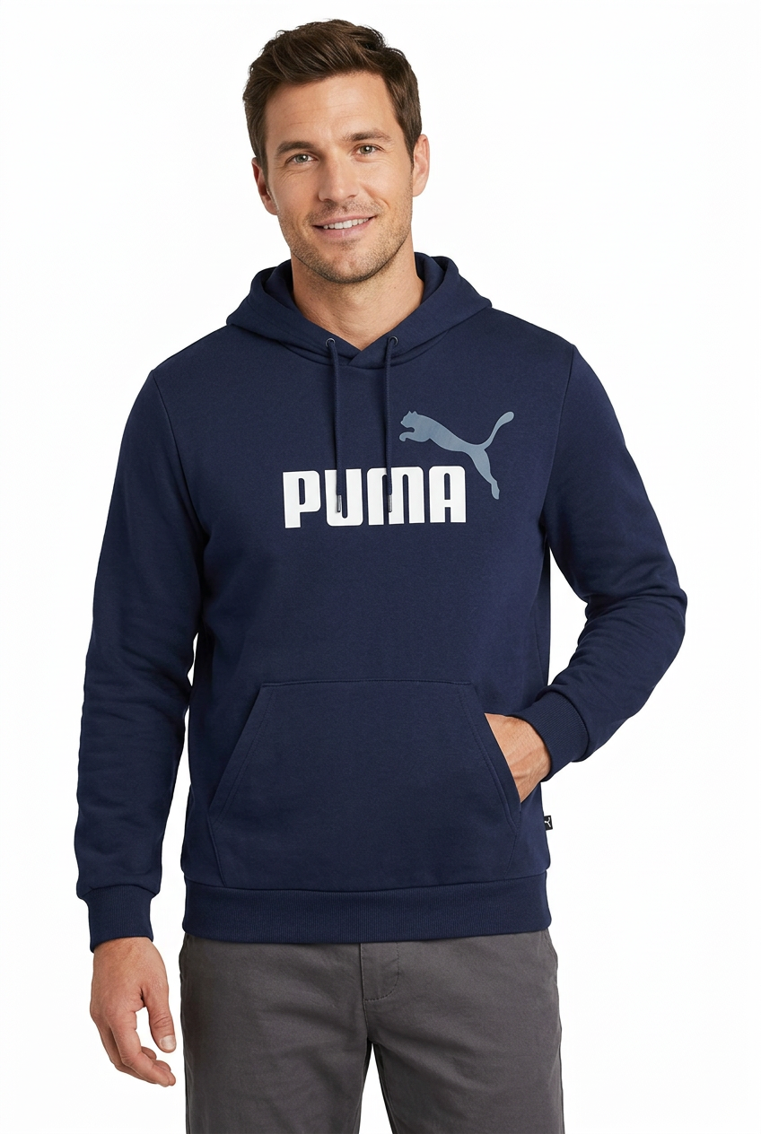 AI model wearing the navy Puma hoodie