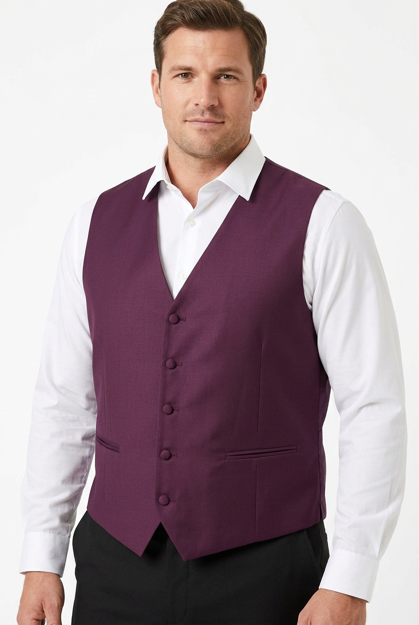 AI model wearing the Next burgundy waistcoat, cropped head to waist