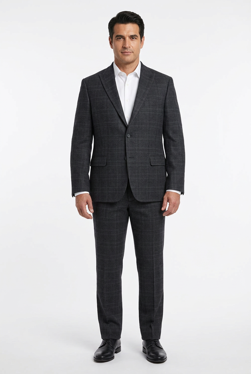 AI model wearing the Next grey check two-piece suit