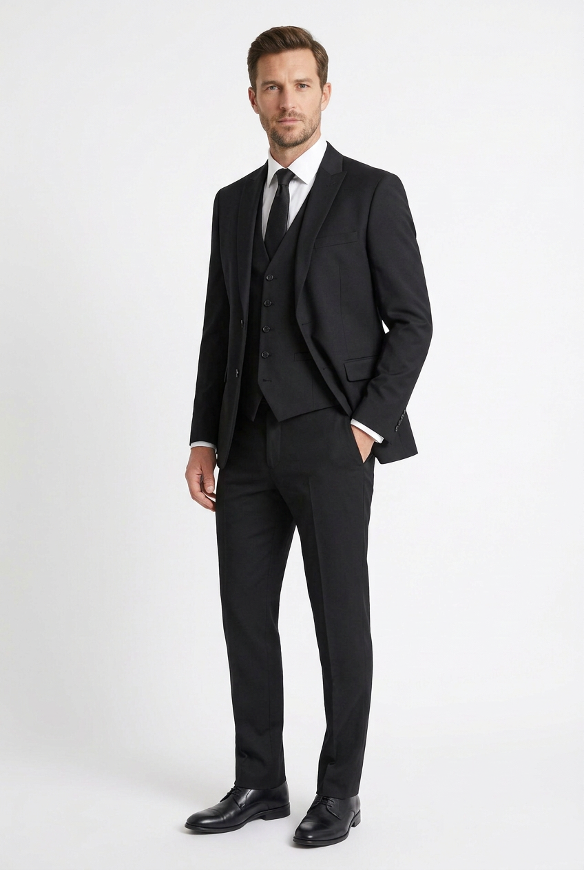 AI model wearing the suit in a relaxed three-quarter pose