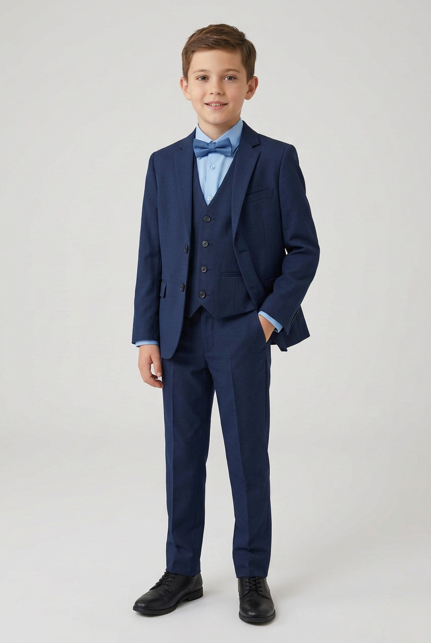 Alternative model pose wearing the blue suit, sky-blue shirt and blue bow tie