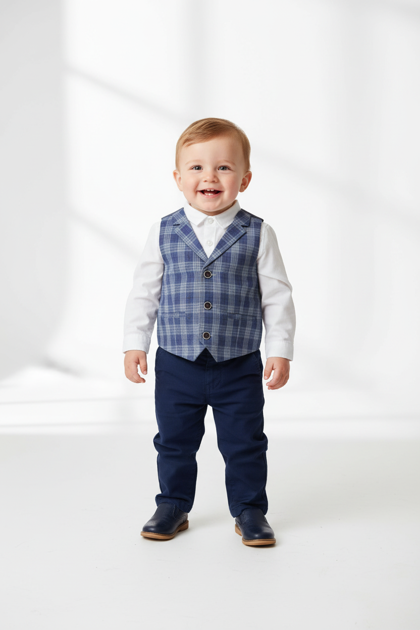 Baby Boy Blue Grey Check Waistcoat Model Shot