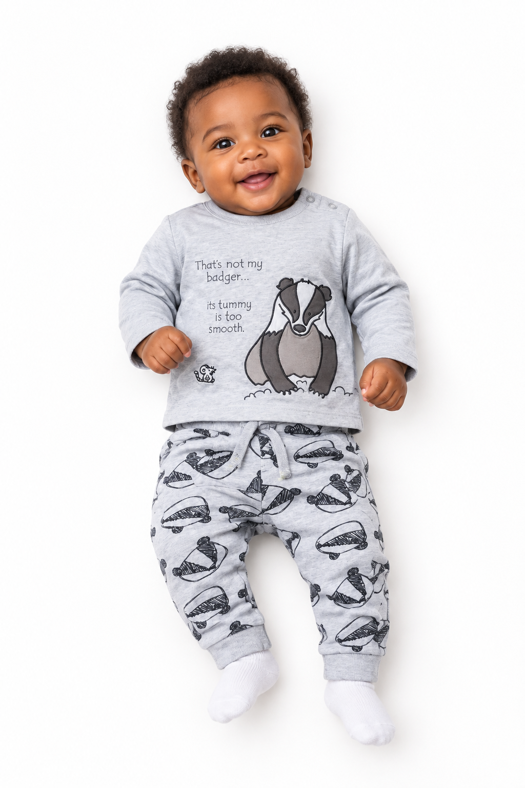 Baby boy grey outfit on model of colour
