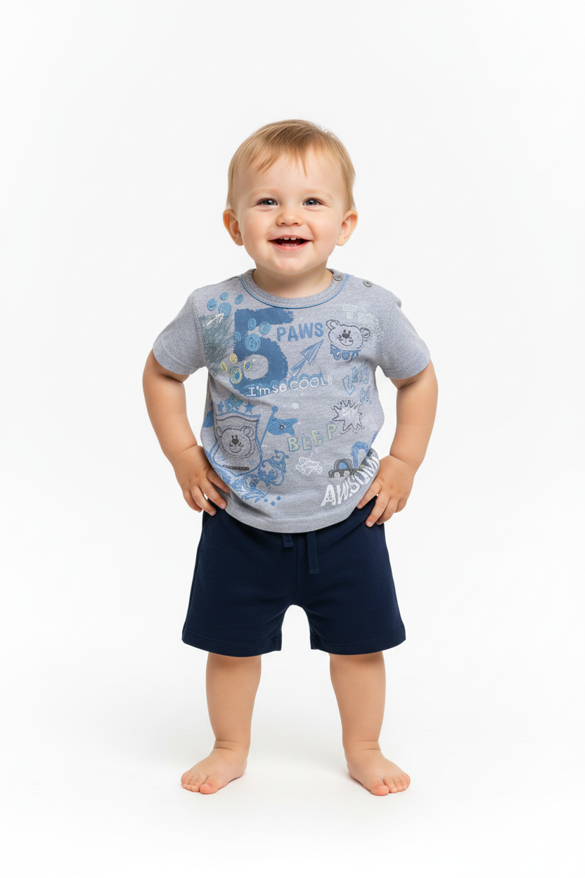 Baby boy in grey graphic tee and navy shorts