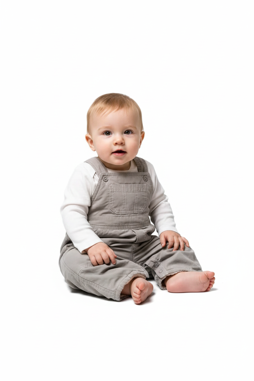 Baby boy in plain grey dungarees