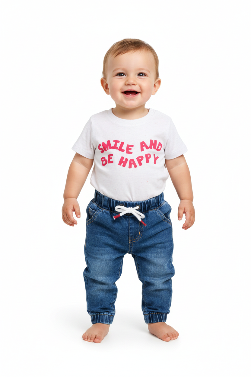 Baby boy in Smile and Be Happy tee with denim joggers