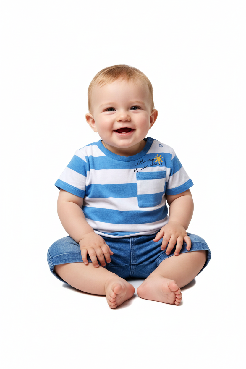 Baby boy in striped tee and denim shorts
