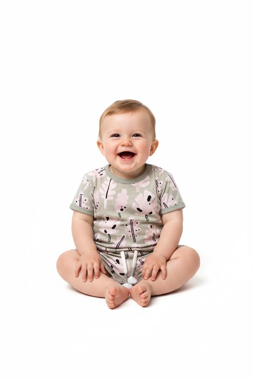 Baby boy in tropical leaf print outfit