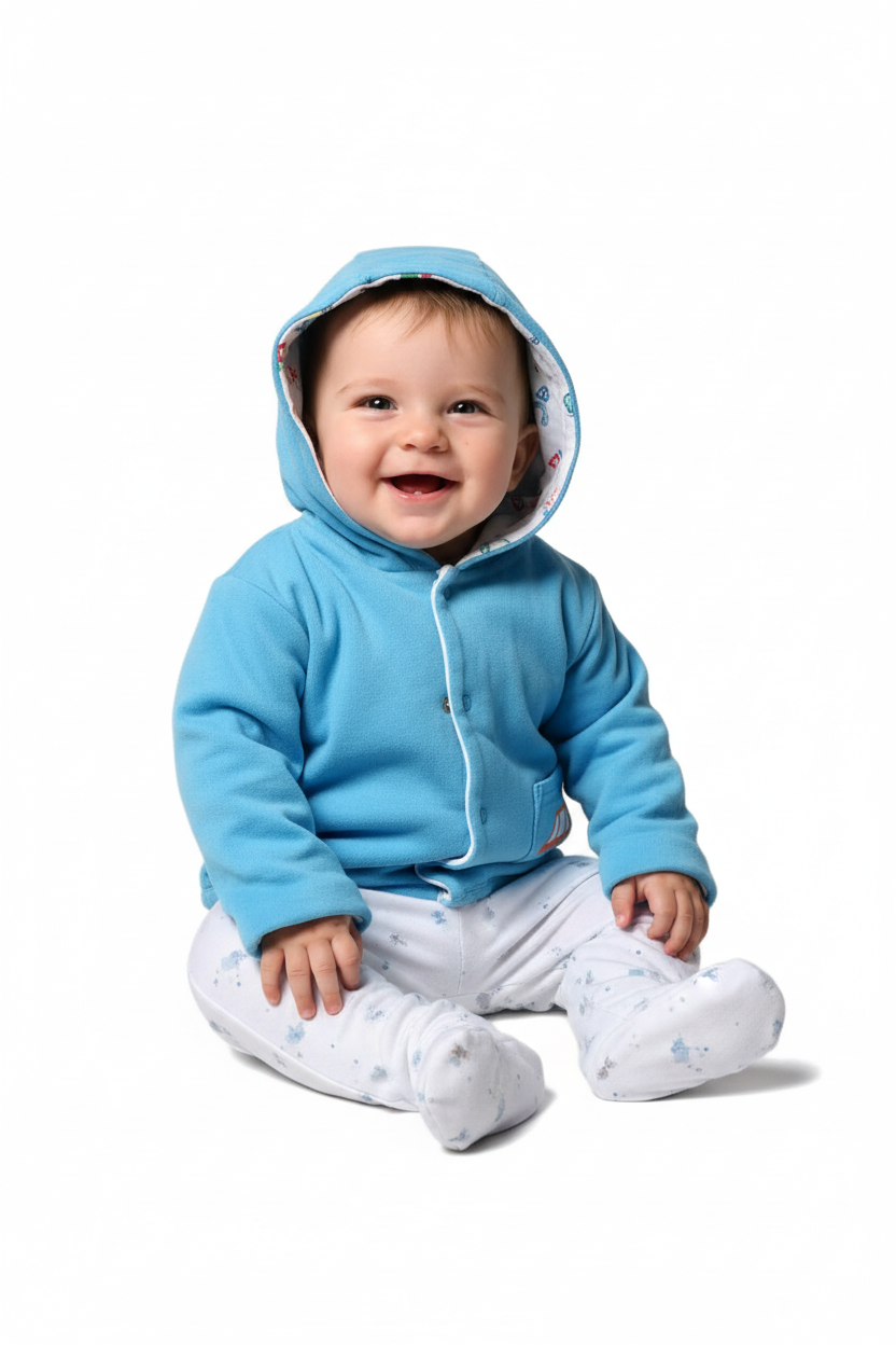 Baby boy in turquoise hooded jacket and white footed leggings