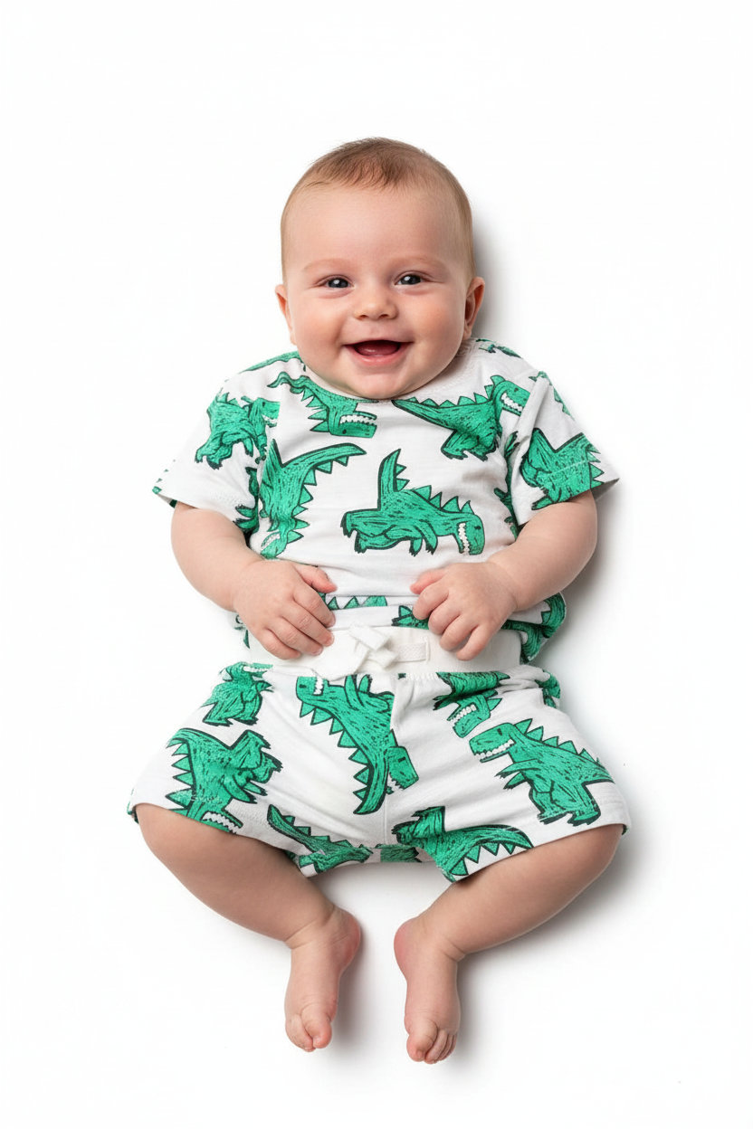 Baby boy in white dinosaur print outfit