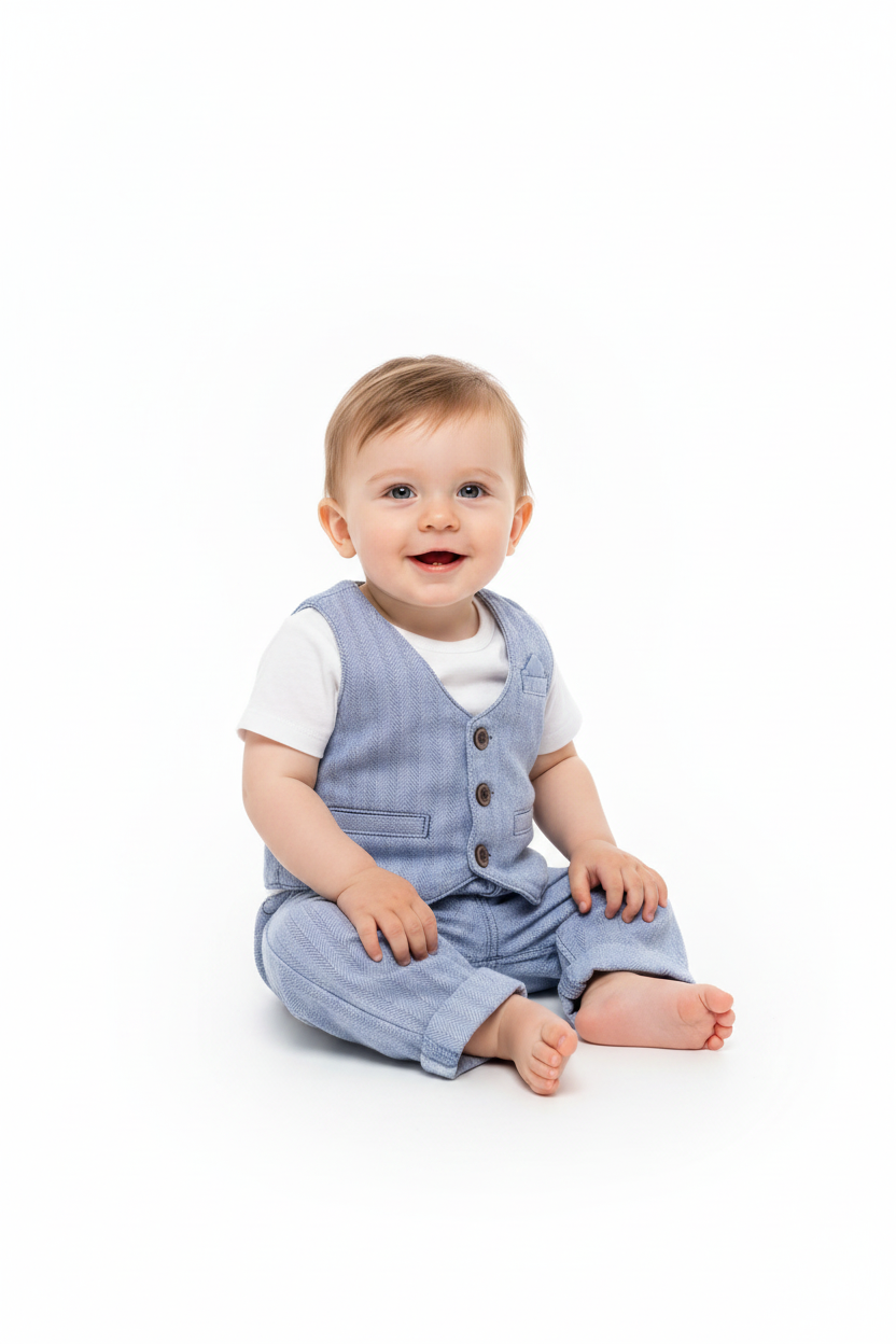 Baby boy model in blue checked waistcoat and trousers with white t-shirt