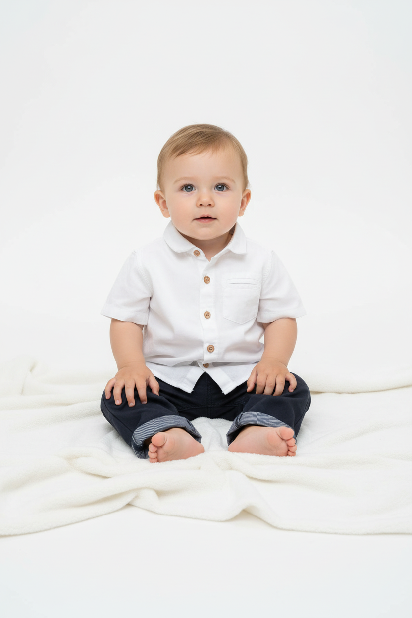 Baby boy model in white collared shirt and navy chinos