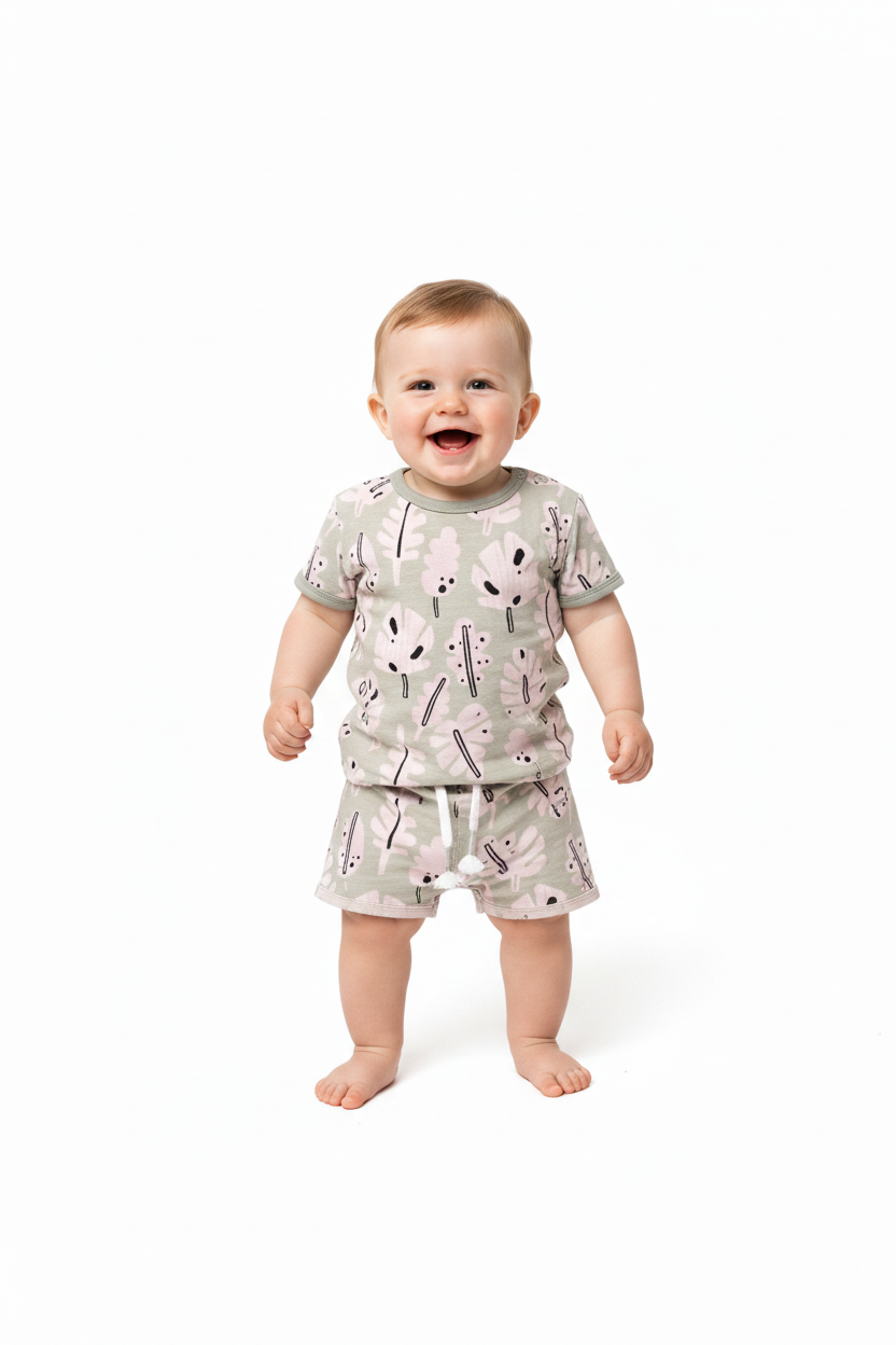 Baby boy standing in tropical leaf outfit
