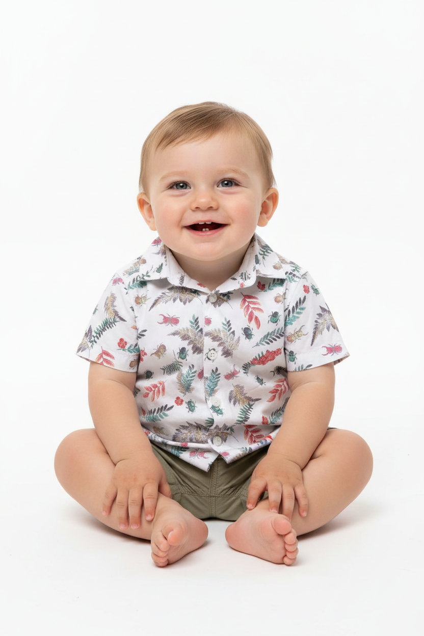 Baby boy wearing botanical print shirt
