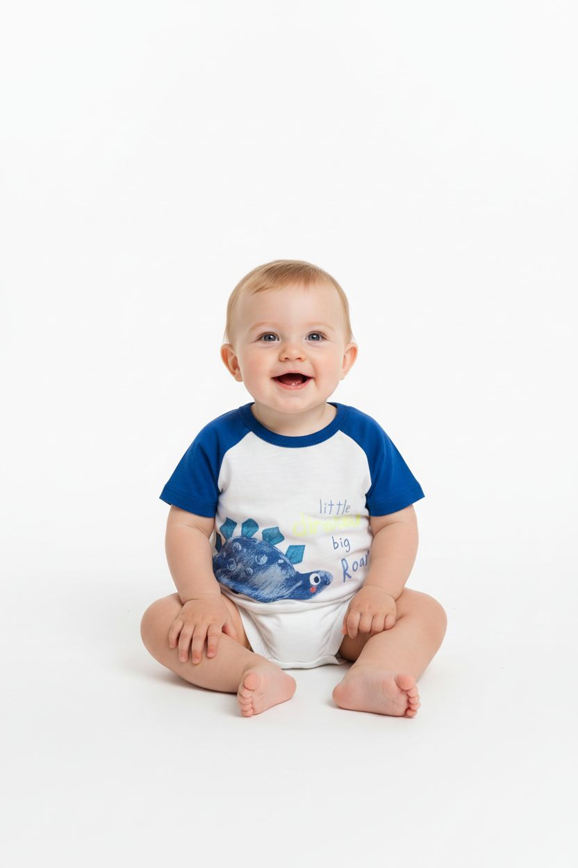 Baby boy wearing little big Roar dinosaur t-shirt