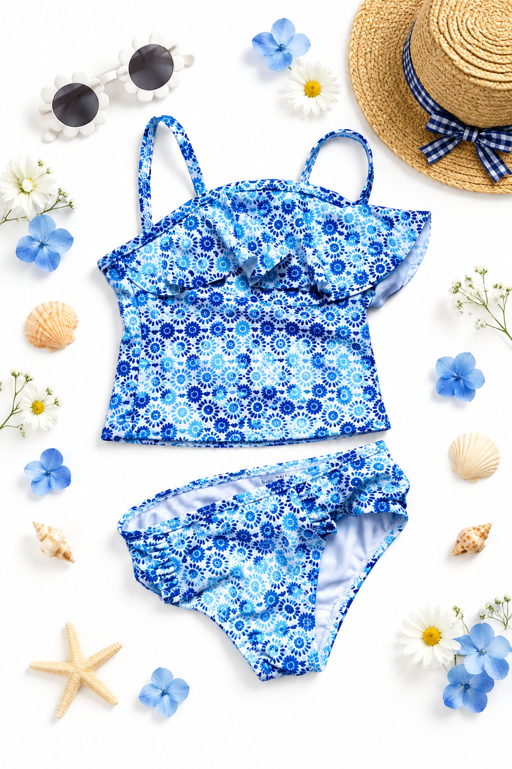 Baby Girl Blue Floral 2-Piece Swimsuit Flat Lay