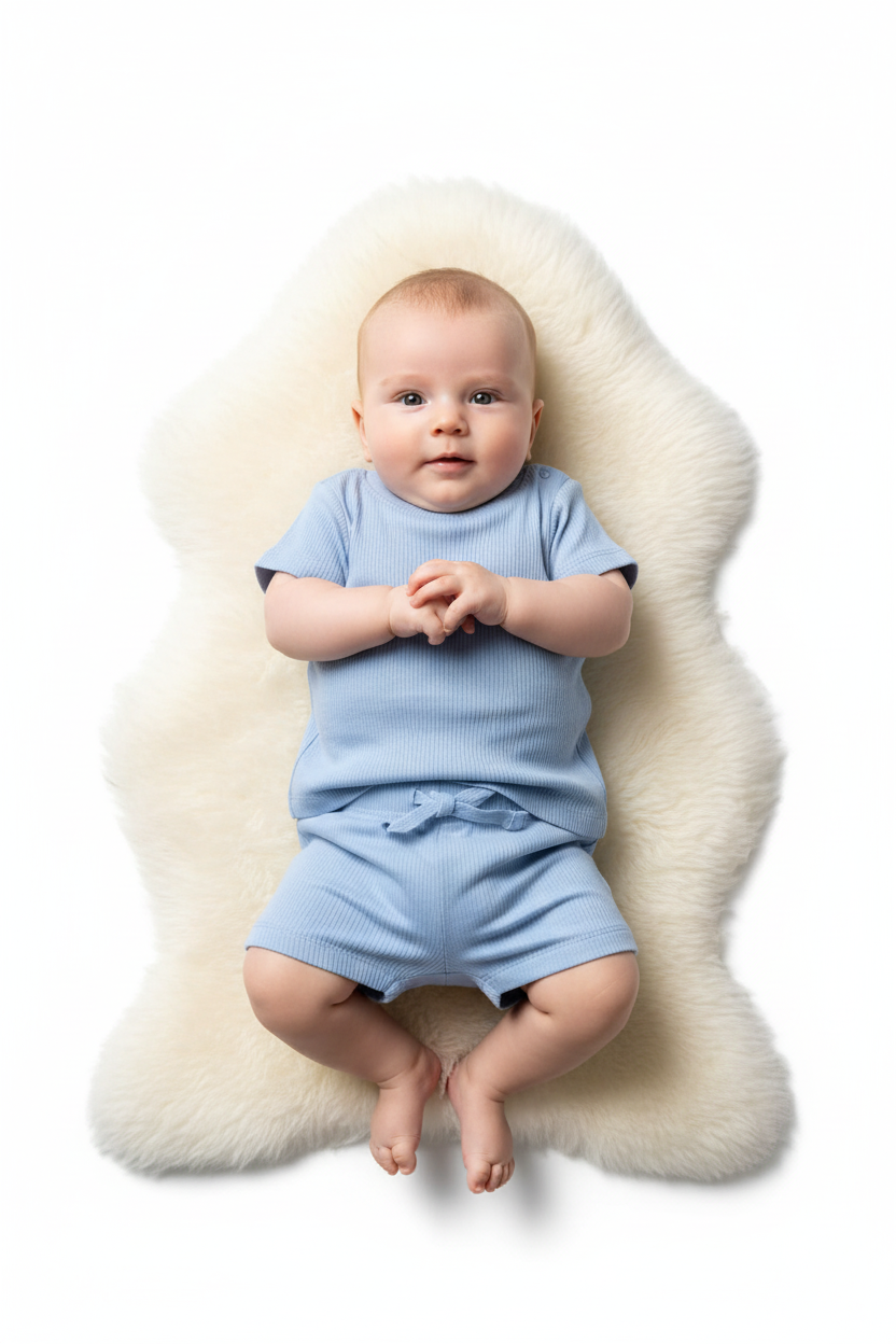 Baby model in light blue ribbed t-shirt and shorts set