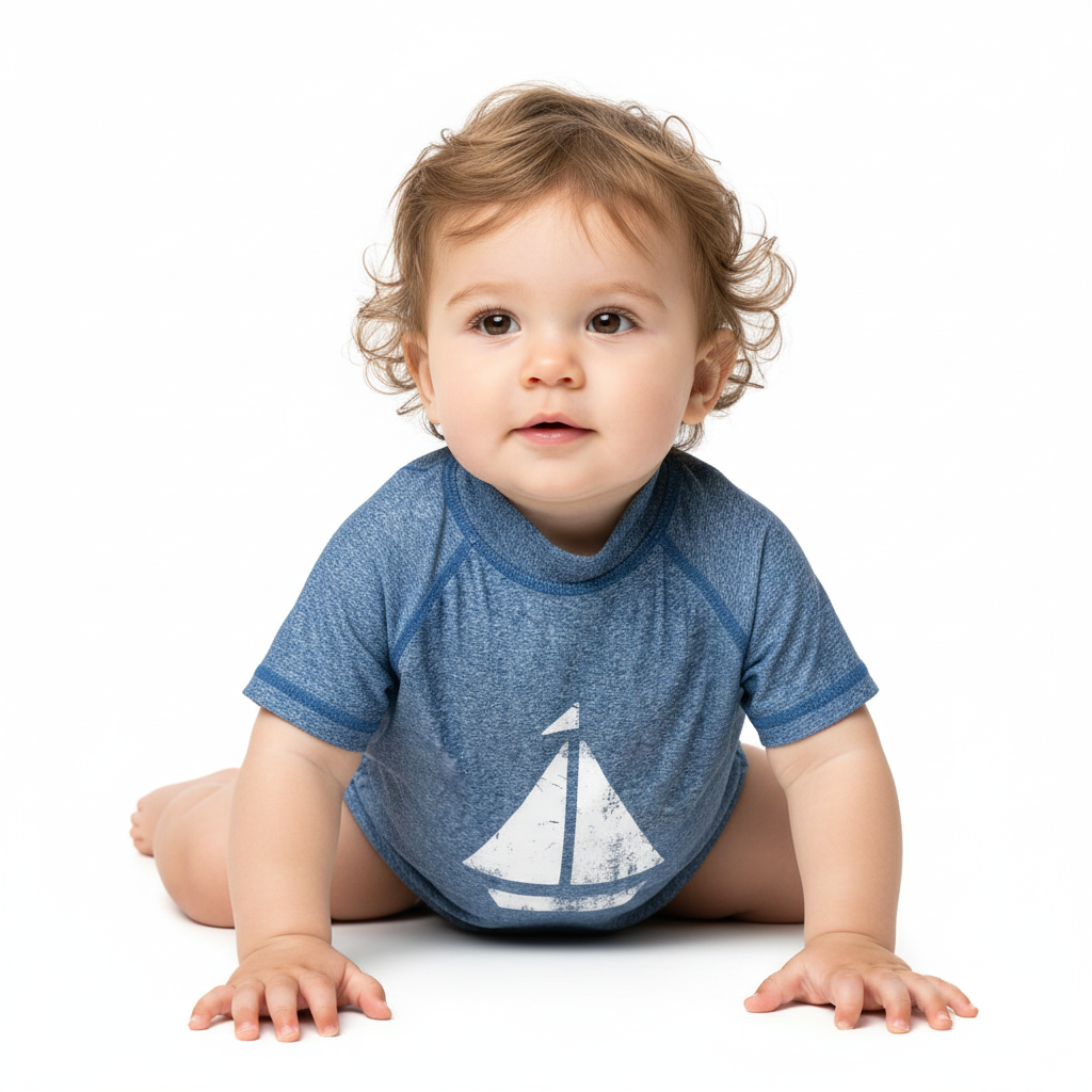 Baby model wearing blue sailboat rash vest