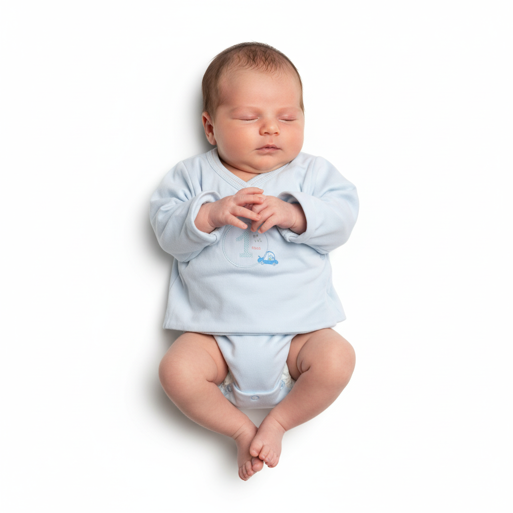 Baby model wearing pale blue wrap cardigan