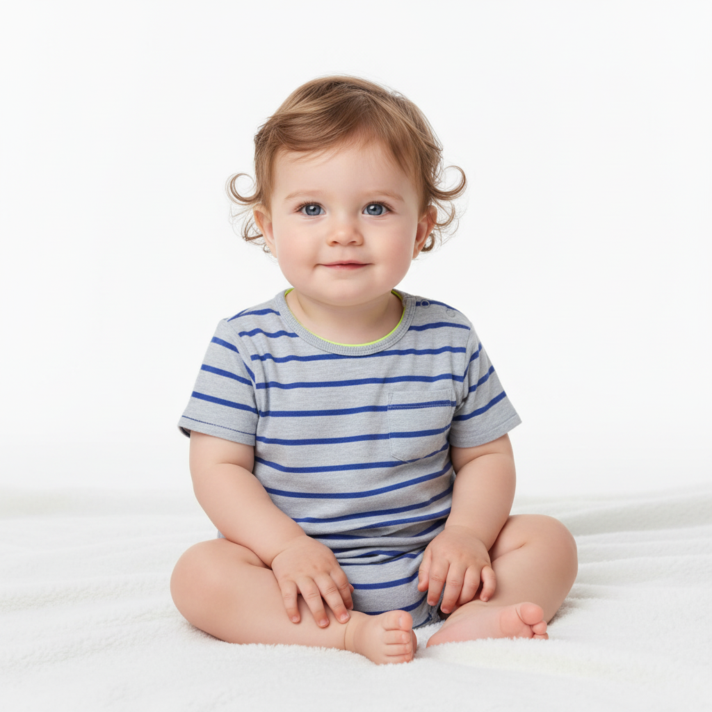 Baby model wearing striped t-shirt
