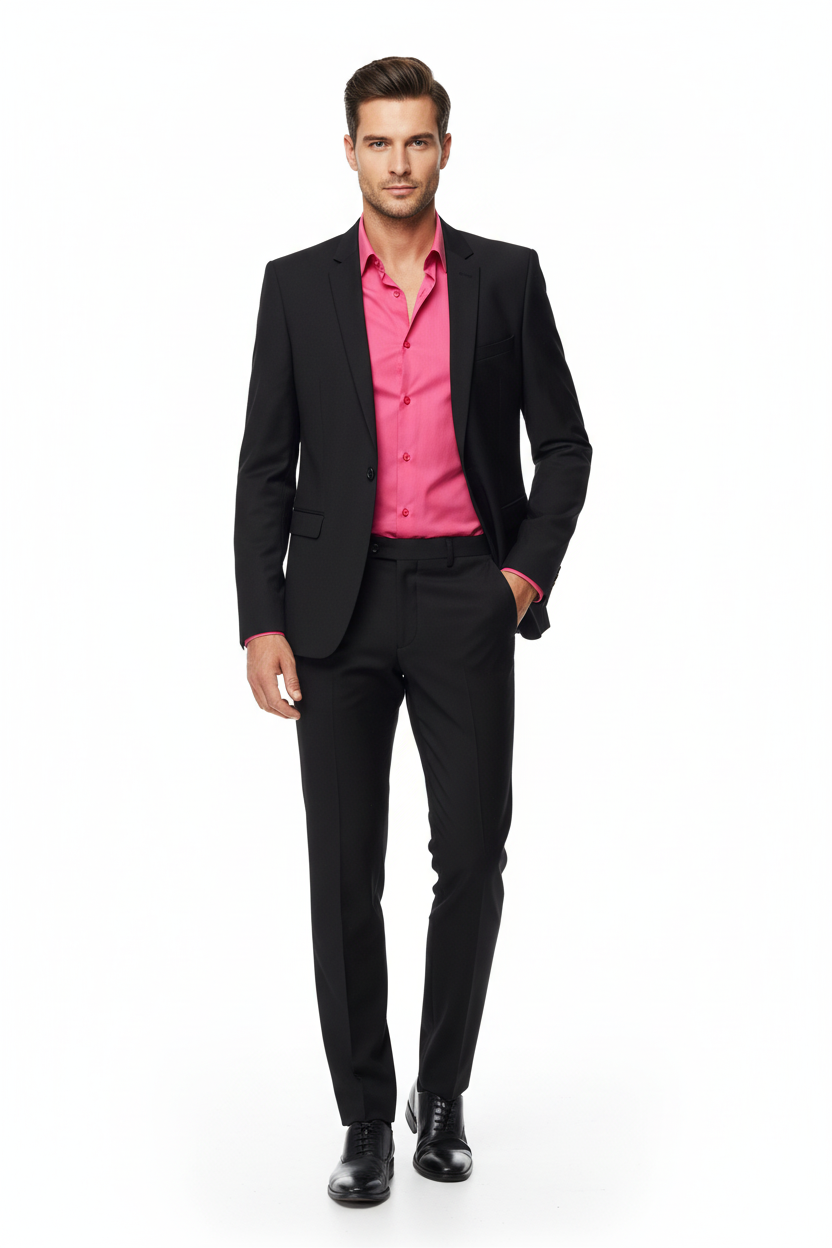 Black Single-Button Blazer - Pink Shirt No Tie