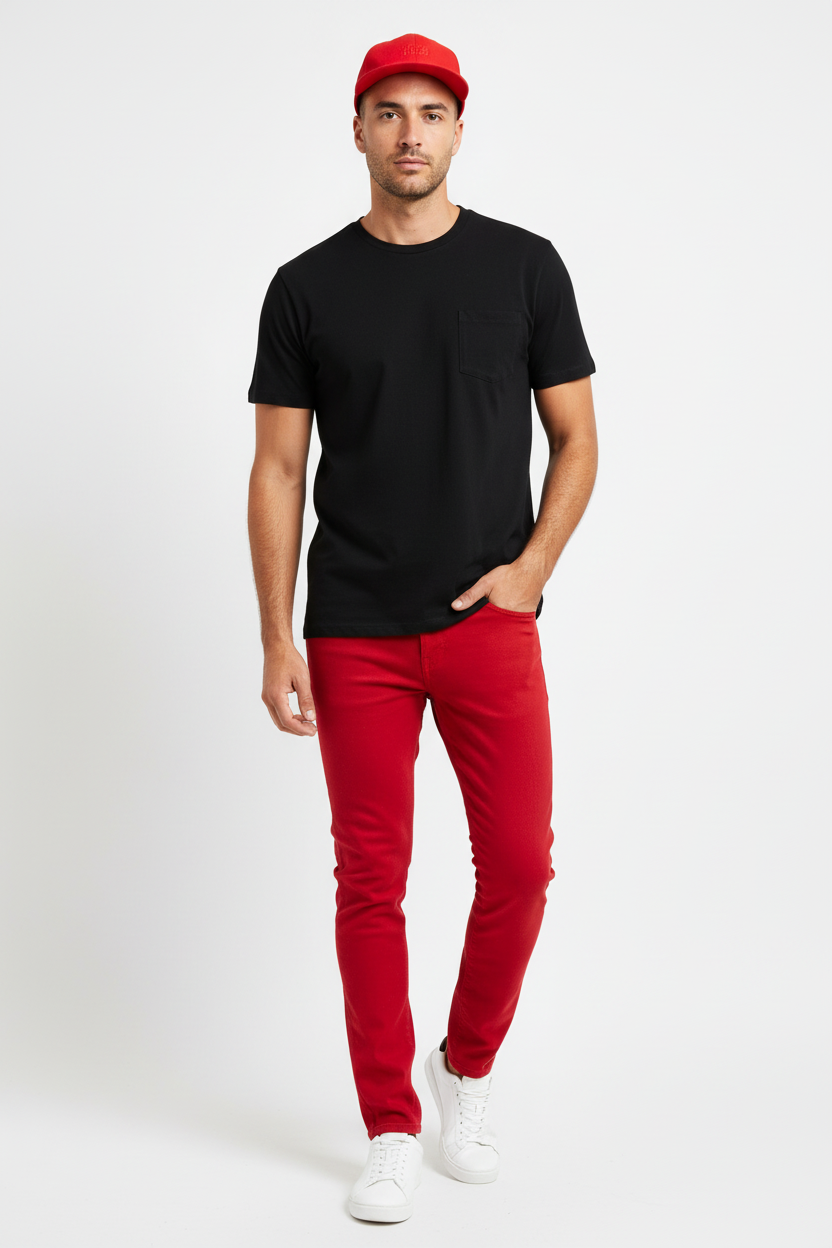 Black Tee with Red Cap & Jeans