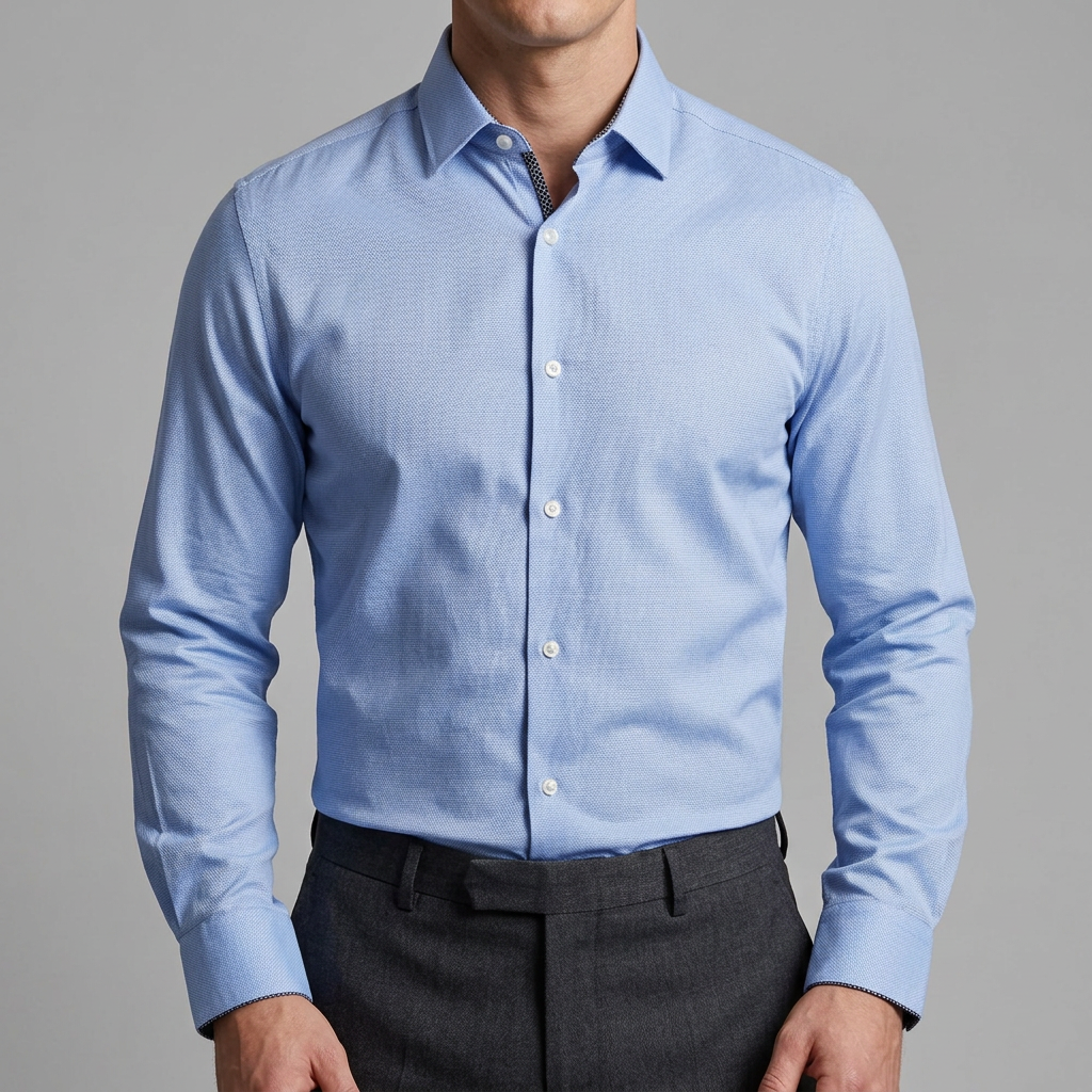 Blue Next shirt model view, tucked in with collar button closed
