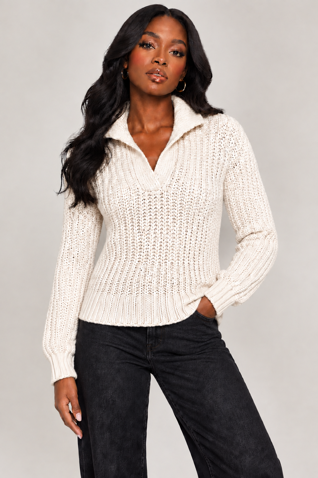 Boohoo Cream Knit Jumper - Relaxed Fit Model