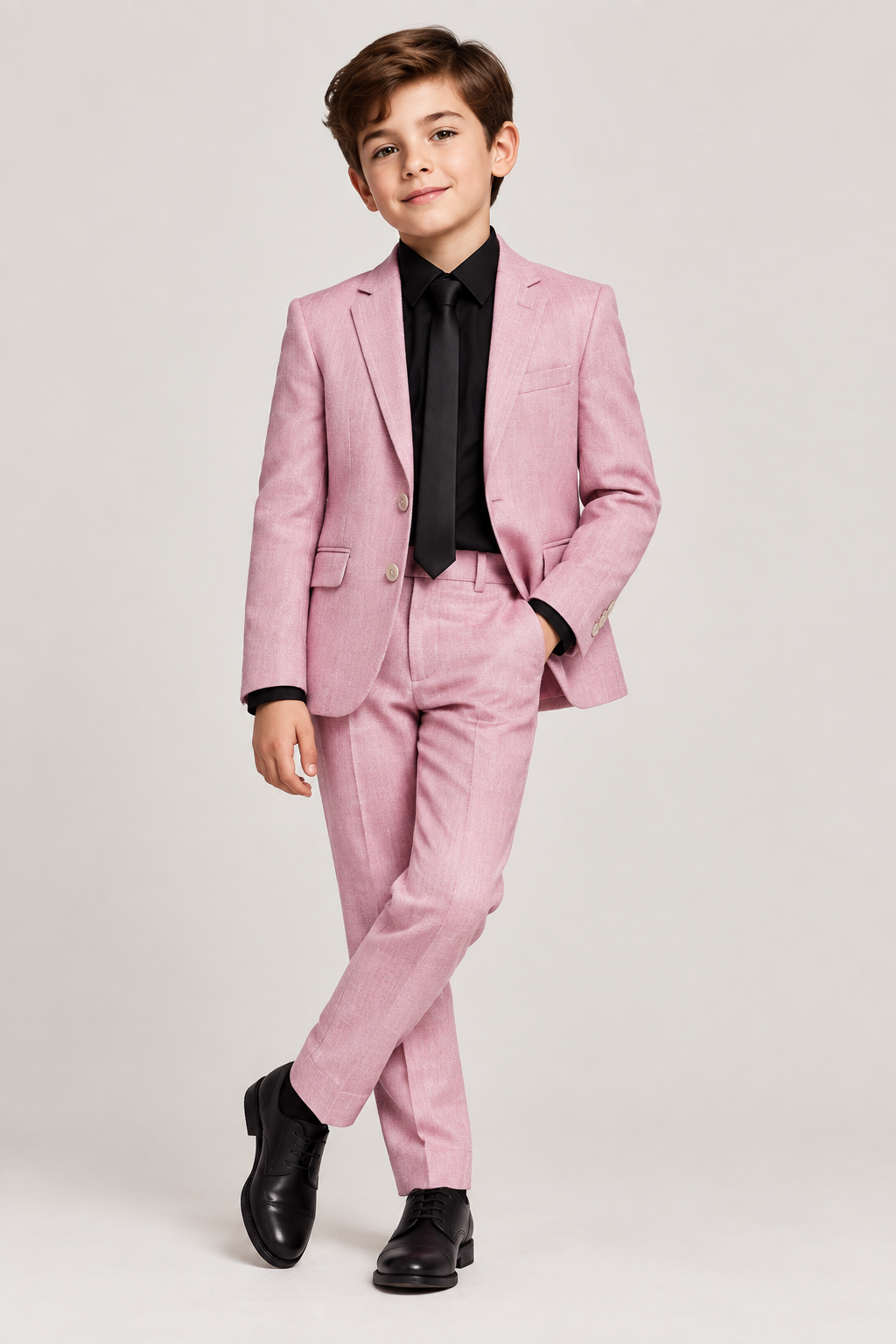 Boy in pink M&S suit with black shirt