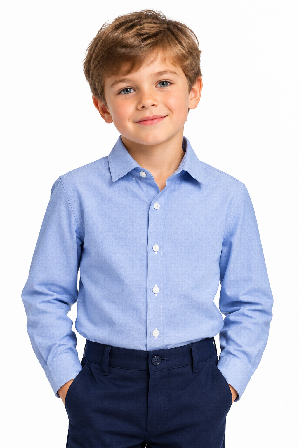 Boy model in plain light blue shirt with navy trousers