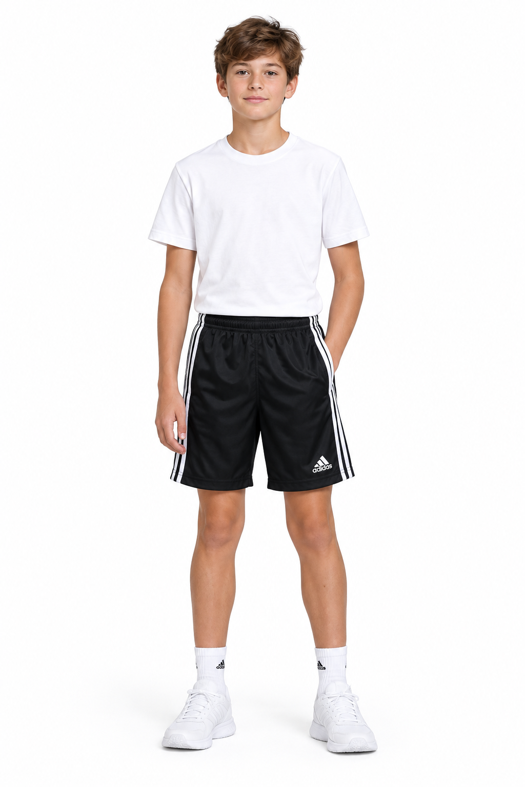 Boy modeling the Adidas football shorts